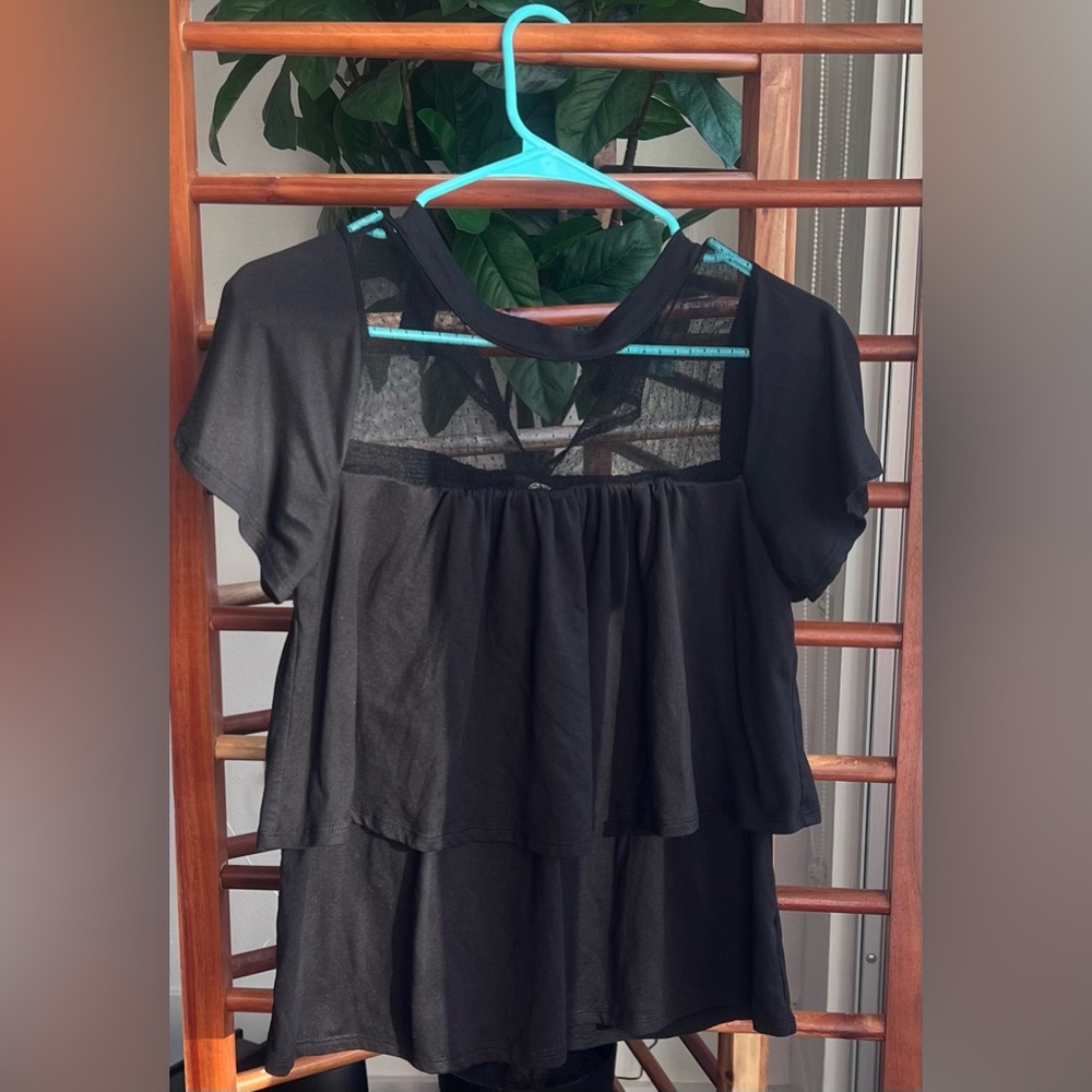 Bobeau Layered Blouse With Mesh Panel